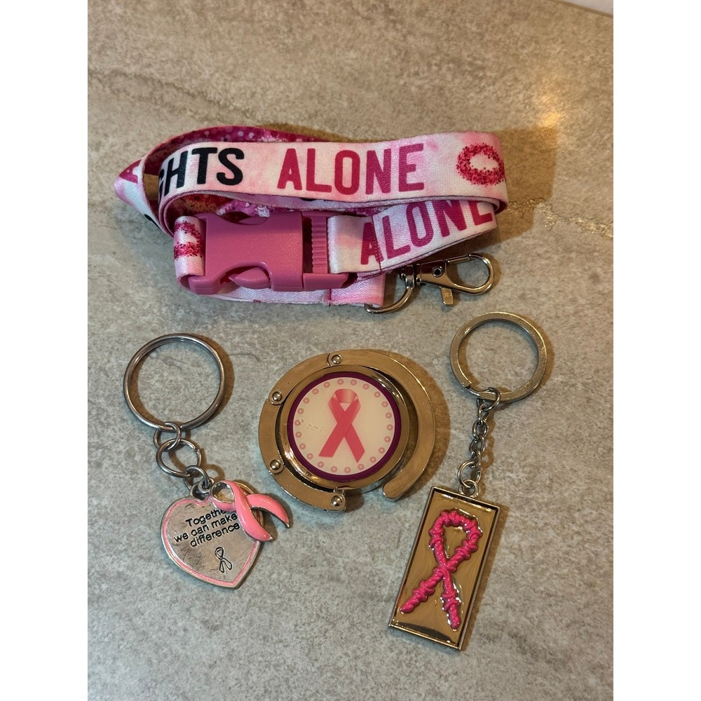 Breast Cancer Awareness Bundle Lanyard Purse Hanger and Keychains Pink Ribbon